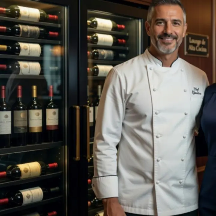 Retrato de chef y sommelier en un entorno elegante de Fichasyparrilla