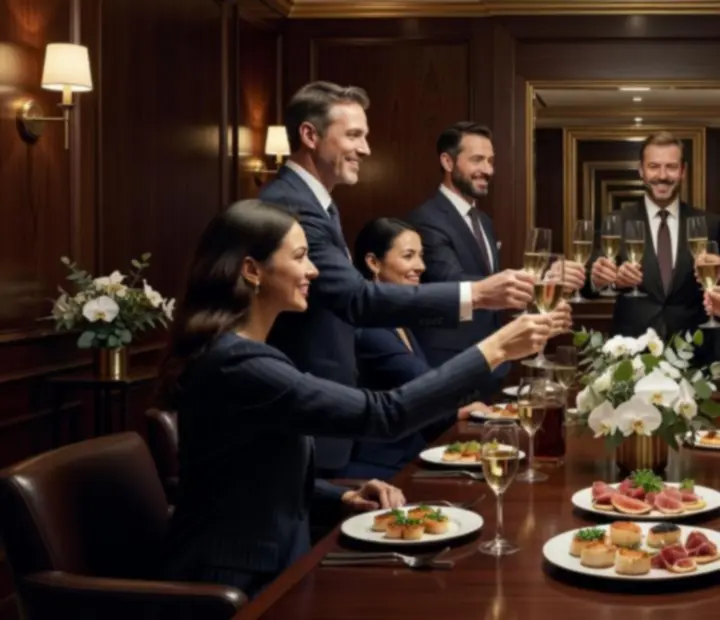 Celebración corporativa elegante en salón íntimo con servicio de alta gastronomía en Fichasyparrilla.