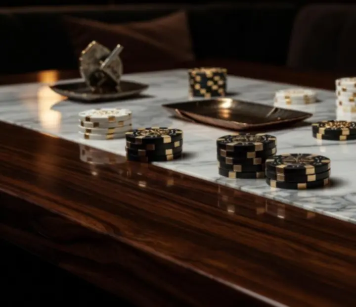 Detalles decorativos en madera, mármol y metal dorado en un lounge de lujo