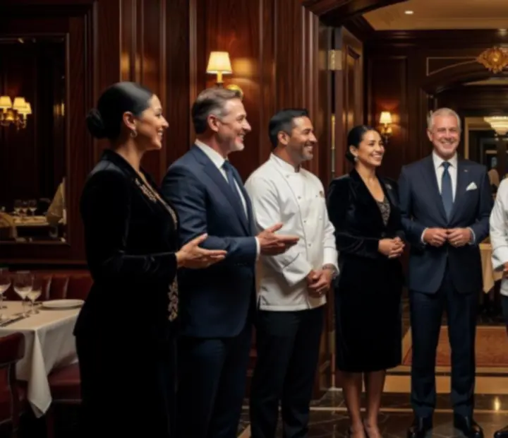 Equipo de Fichasyparrilla recibiendo a los invitados en un salón de lujo
