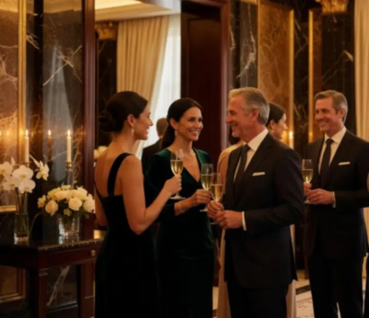 Evento privado elegante con mesas largas y luz cálida en Fichasyparrilla
