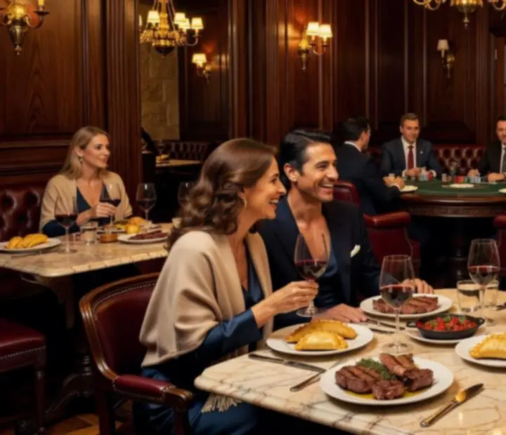 Salón restaurante y lounge de poker de lujo en Buenos Aires, con mesas elegantes e iluminación dorada