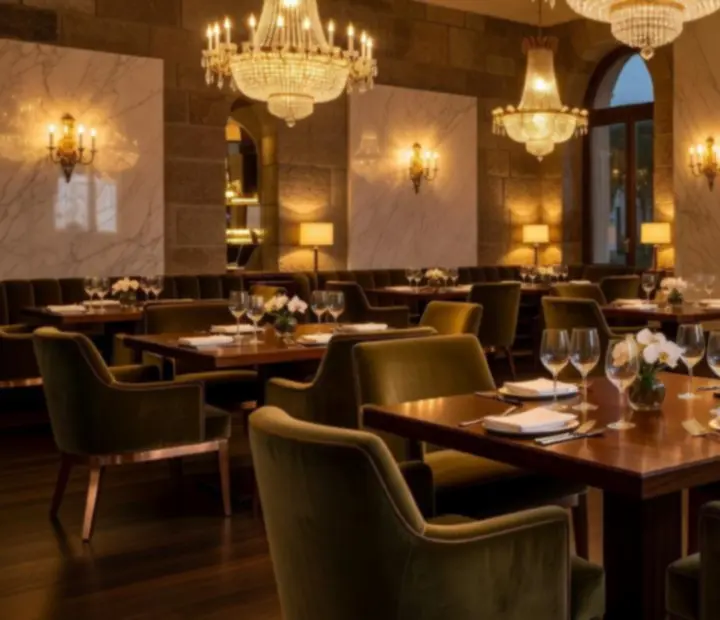 Interior de restaurante de lujo con madera oscura, mármol y luz cálida