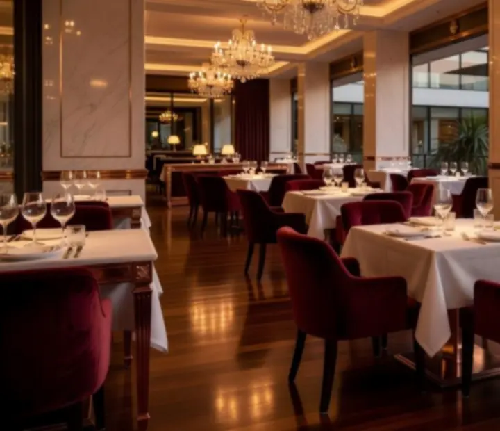Interior de restaurante de lujo con maderas oscuras, mármol y luz cálida