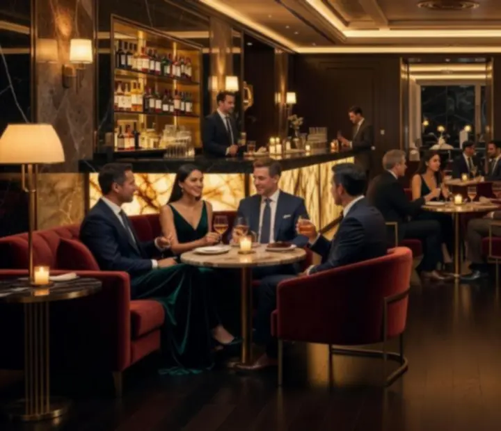 Ambiente cinematográfico con iluminación dorada y huéspedes conversando en un lounge sofisticado