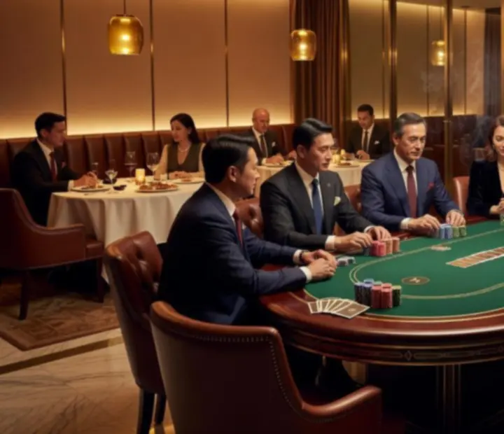 Lounge sofisticado que integra mesas de poker y área de cena gourmet.