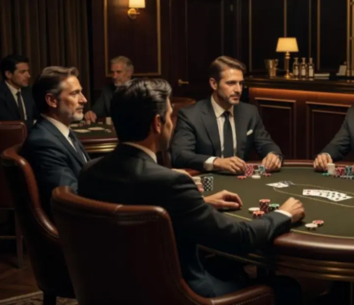 Lounge de poker argentino con mesa iluminada, fichas y copas de vino