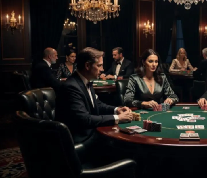 Lounge de poker lujoso con mesas, fichas y luz cálida en Buenos Aires