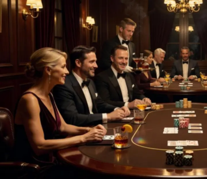 Mesa de poker elegante iluminada con luz cálida durante una noche exclusiva en Fichasyparrilla.