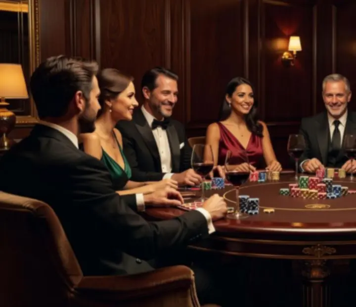 Mesa de poker iluminada con luz cálida en el lounge de Fichasyparrilla