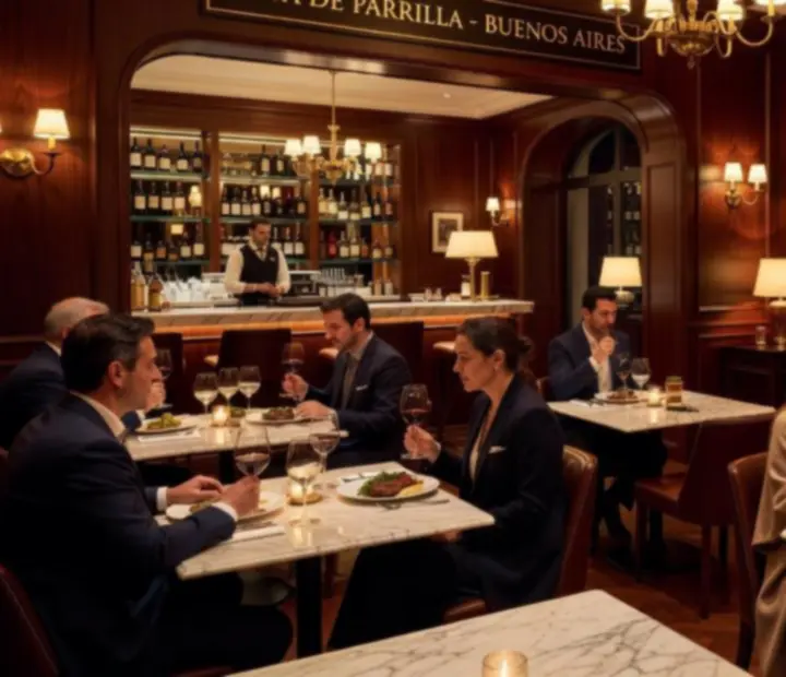 Vista cinematográfica del salón principal del restaurante Fichasyparrilla con iluminación dorada y mesas elegantemente montadas.