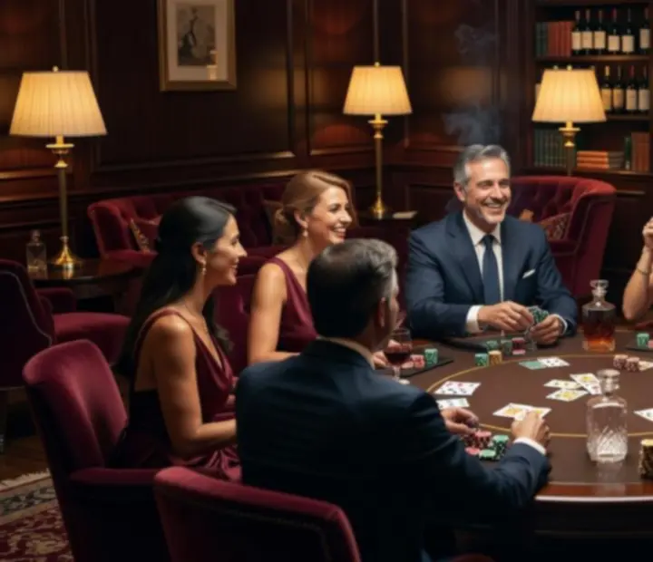 Grupo de personas disfrutando una noche social en un lounge de lujo con iluminación cálida